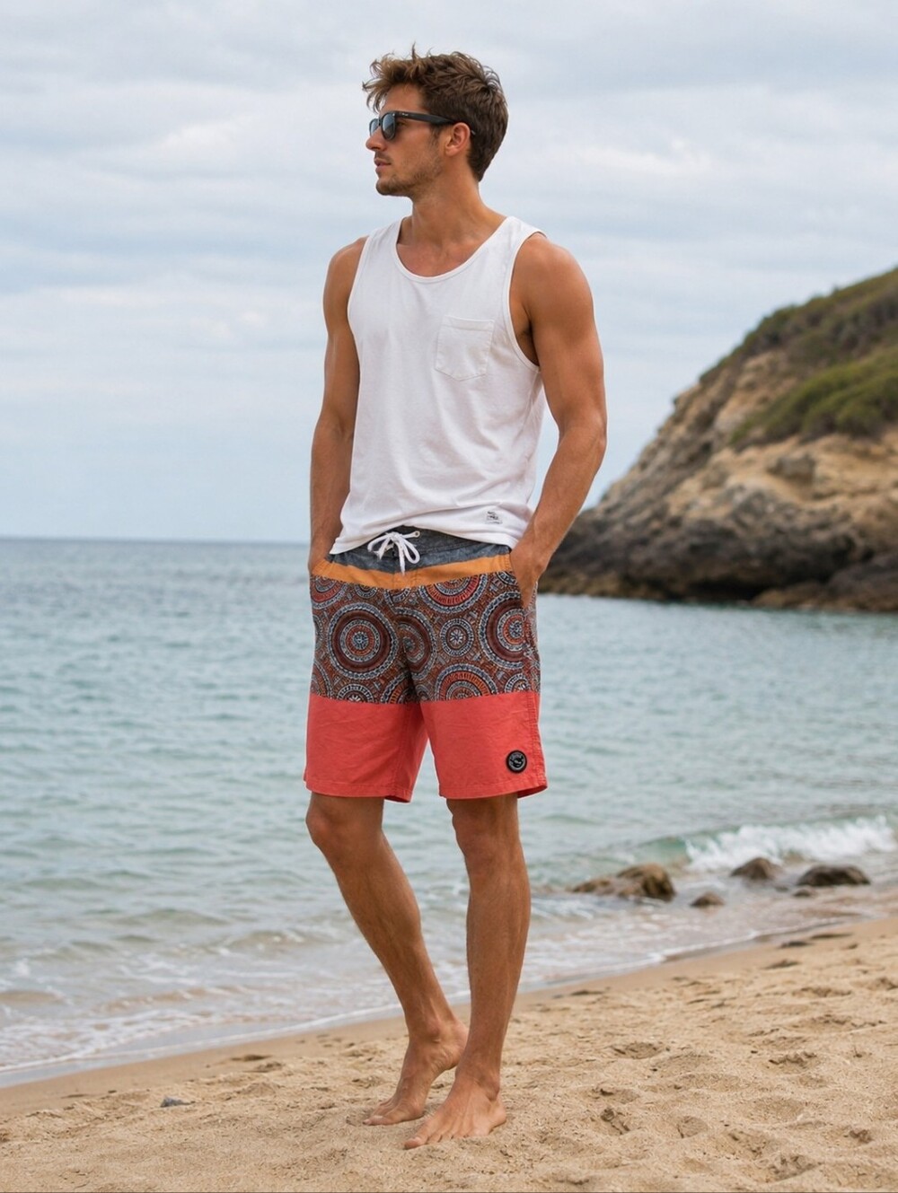 Lost at sea Orange & Gray mandala print  man's shorts -size 32